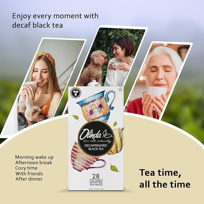 Olinda Organic Decaffeinated Black Tea 28 Individually Wrapped Tea Bags Gluten-Free Vegan Breakfast Black Tea Smooth & Antioxidant Rich Decaf