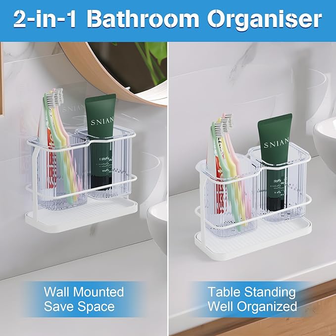 Countertop Toothbrush Holders, Wall Mounted Electric Tooth Brush and Toothpaste Holder for Bathroom with Hook, 2 Cups Toothbrush Organizer with Drain Tray Bathroom Accessories Storage (White)