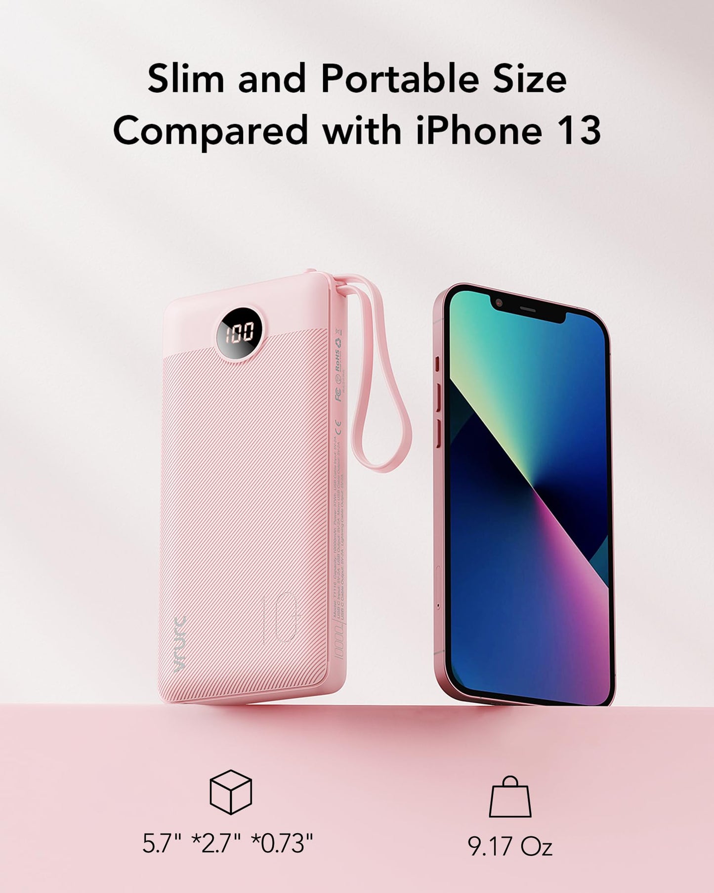 VRURC Portable Charger Power Bank, 10000mAh Travel Essentials Battery Pack, Compact Charging Bank Built-in Cables Cords Compatible with iPhone 17 Pro 17 16 15 14 13, Samsung Phones-Pink(1 Pack)