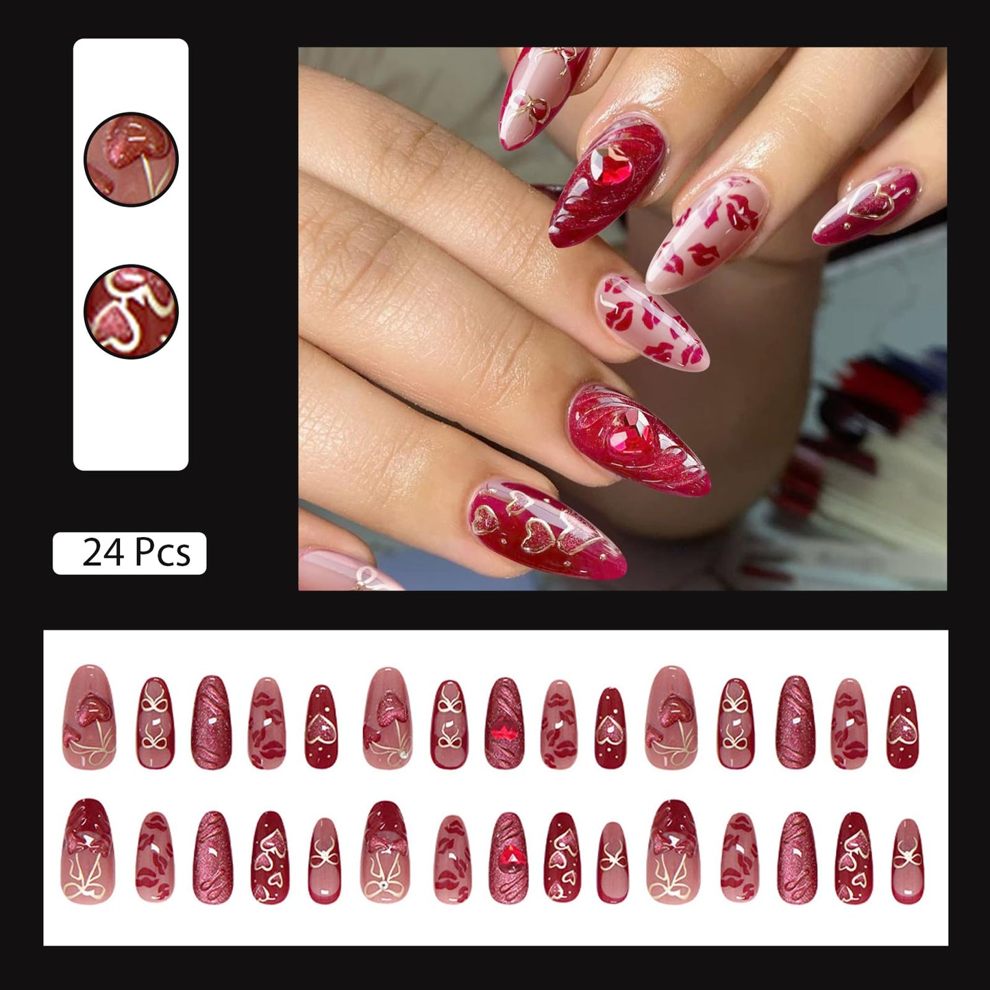 VOTACOS Cat Eye Red Press on Nails Almond Medium Y2K French Tip Acrylic Fake Nails Press Ons with Designs 3D Cherry Heart Bow Glue on Nail for Women 24PCS Reusable Artificial Stick on False Nail