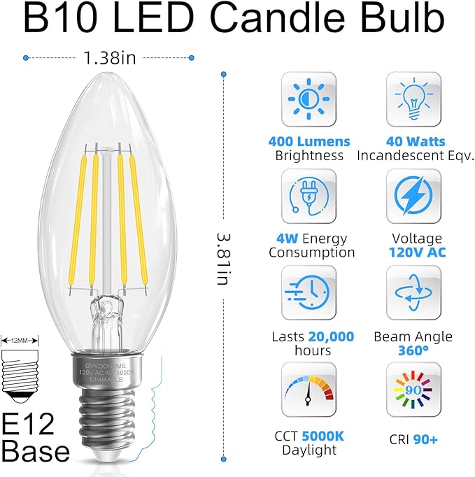 GvvooHome Candelabra Light Bulbs 40 watt Equivalent, Chandelier Light Bulbs Dimmable E12 LED Bulb, B10 Candle Light Bulb 5000K Daylight, 90+CRI, 400LM, Clear Glass, 24 Pack
