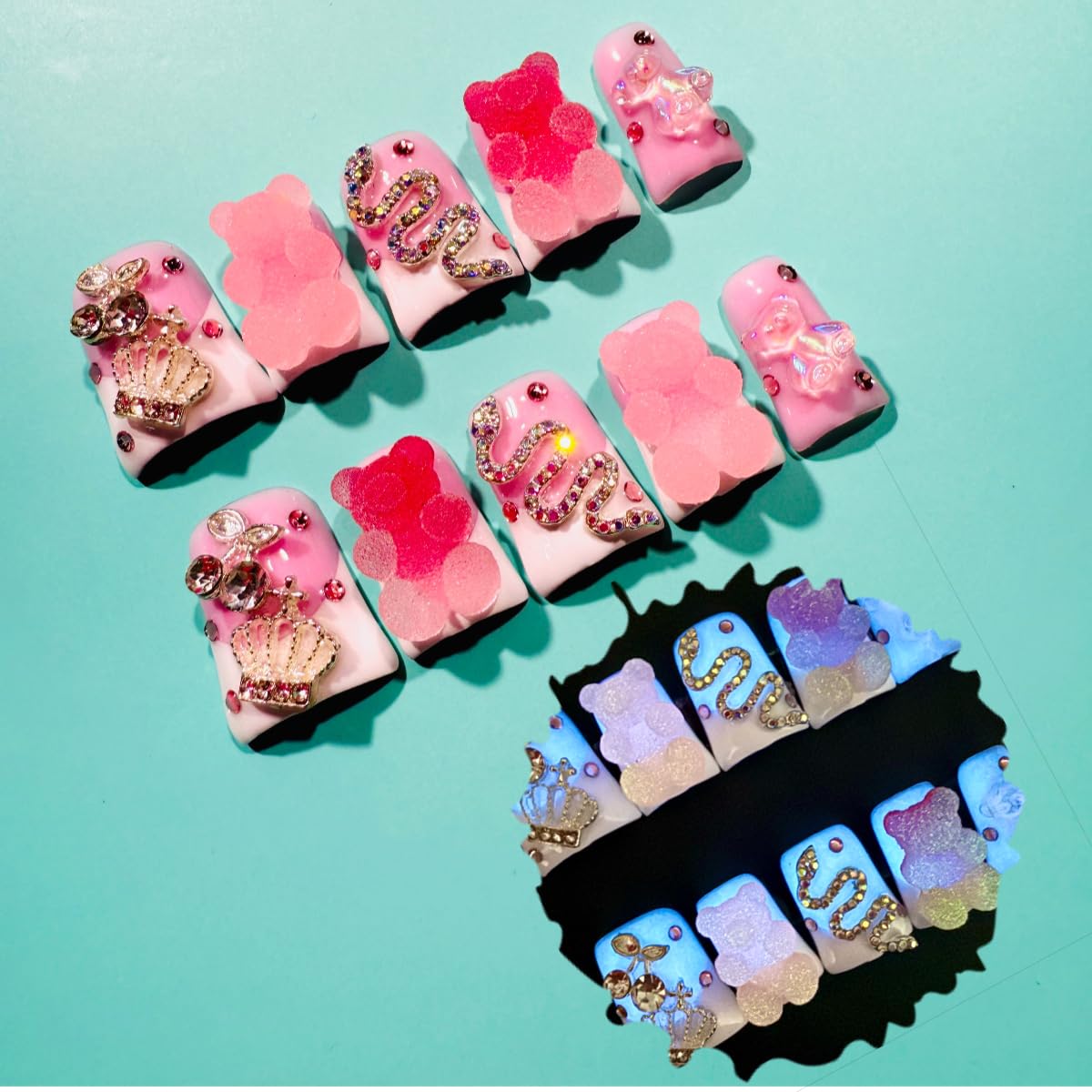 IntoVibes Handmade Short Duck Press On Nails, Glow-In-The-Dark Bear And Y2K, 10 Pieces Reusable Acrylic False Nails, Size Small