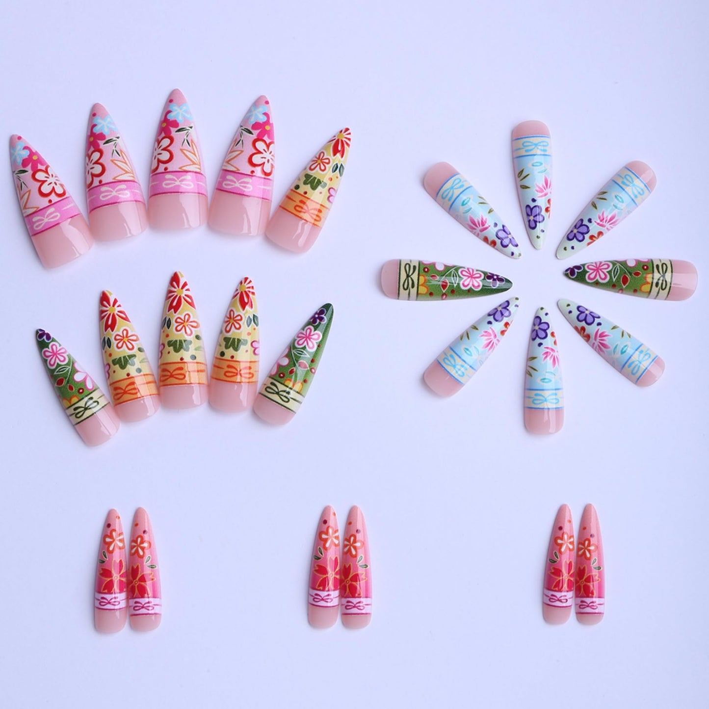 octoswave Press on Nails Long Almond Fake Nails Cute French Tip Artificial Nail Spring Flowers Pattern Stick on Nail for Women 24pcs