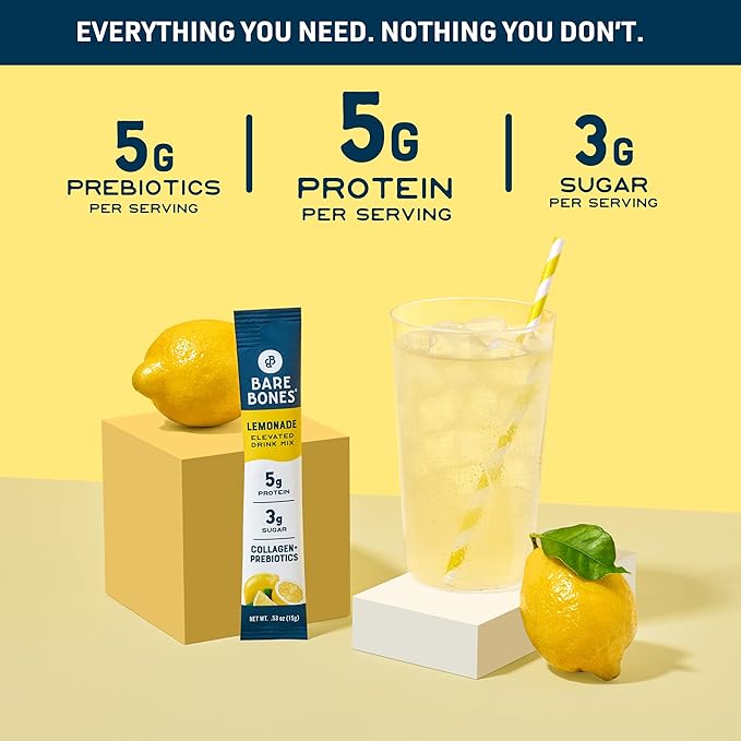 Bare Bones Lemonade Elevated Drink Mix | Light & Flavorful | Gluten-Free & Naturally Sweetened | On-the-Go Stick Single-Serve Packs Powdered Refreshment | 5g Protein | 16 Packets (.60 oz)