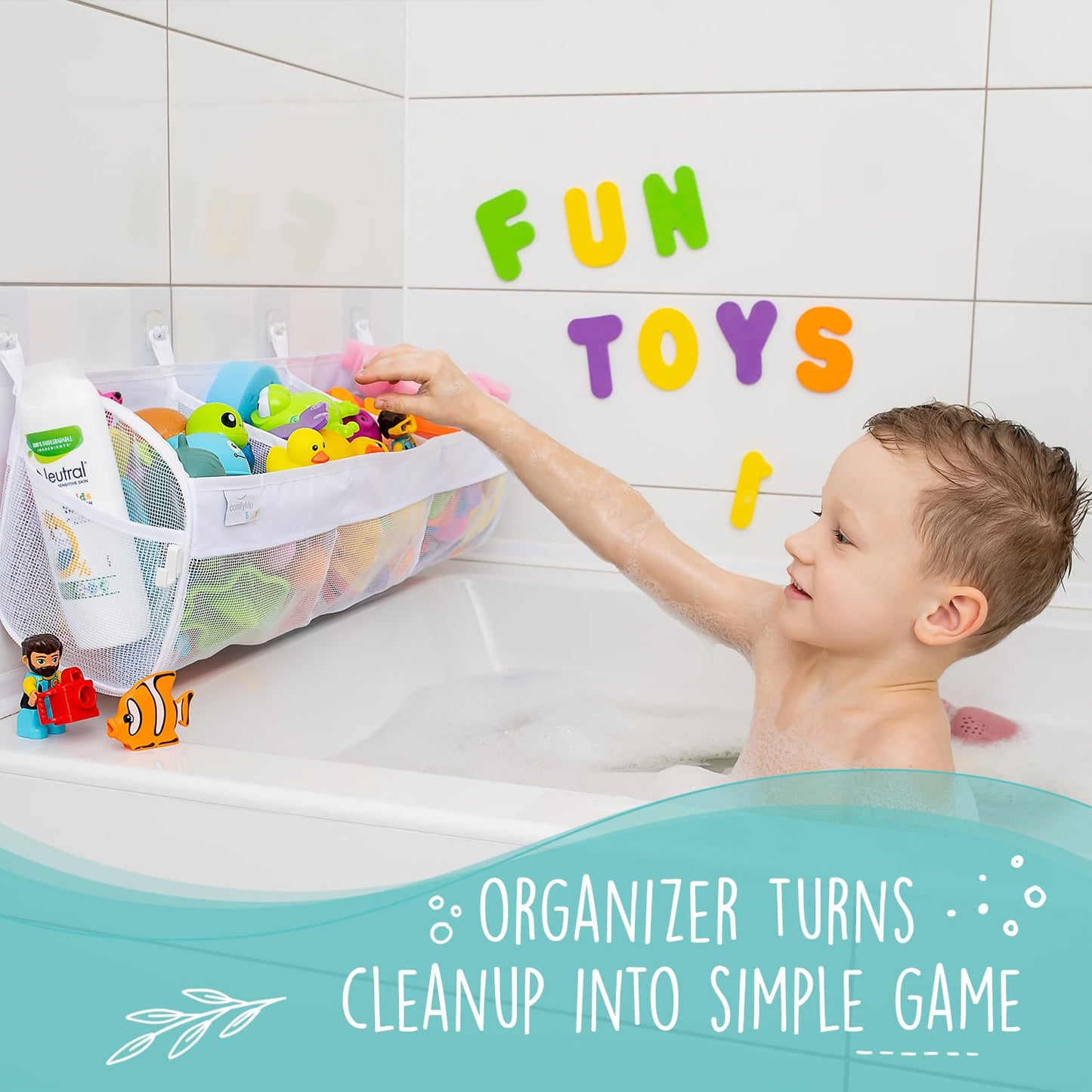 Comfylife Large Bath Toy Organizer with Letters and Numbers – 3 Compartment Bath Toy Holder for Bathtub & Shower – Quick-Dry Mesh with 4 Strong Adhesive Hooks