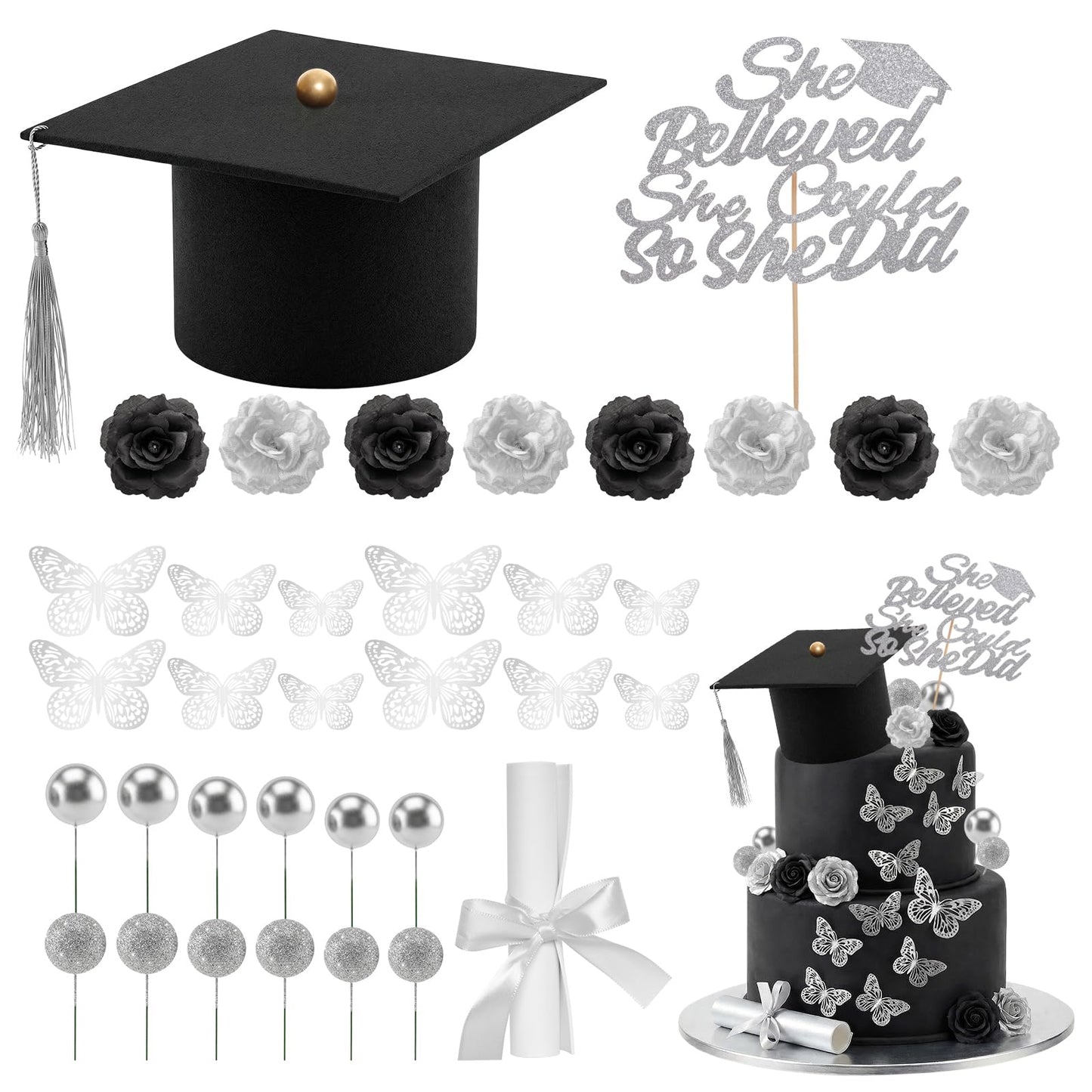 35 Pcs Graduation Cake Toppers Class of 2026 Graduations Cap Diploma She Believed She Could Beads Flowers Butterfly Cake Decorations for 2026 Graduation Party Supplies