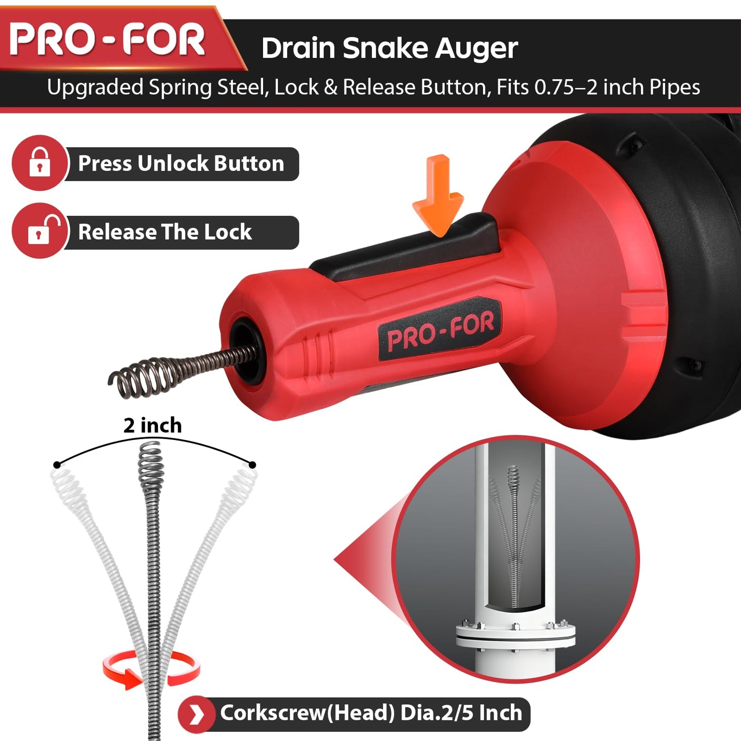 PRO-FOR Drain Auger, 16.4FT Plumbing Snake Drain Clog Remover, Manual & Drill Powered Drain Snake for 0.75–2 Inch Pipes, Sink, Shower, Bathtub, Toilet, Kitchen Drain Cleaner Tool with Steel Cable
