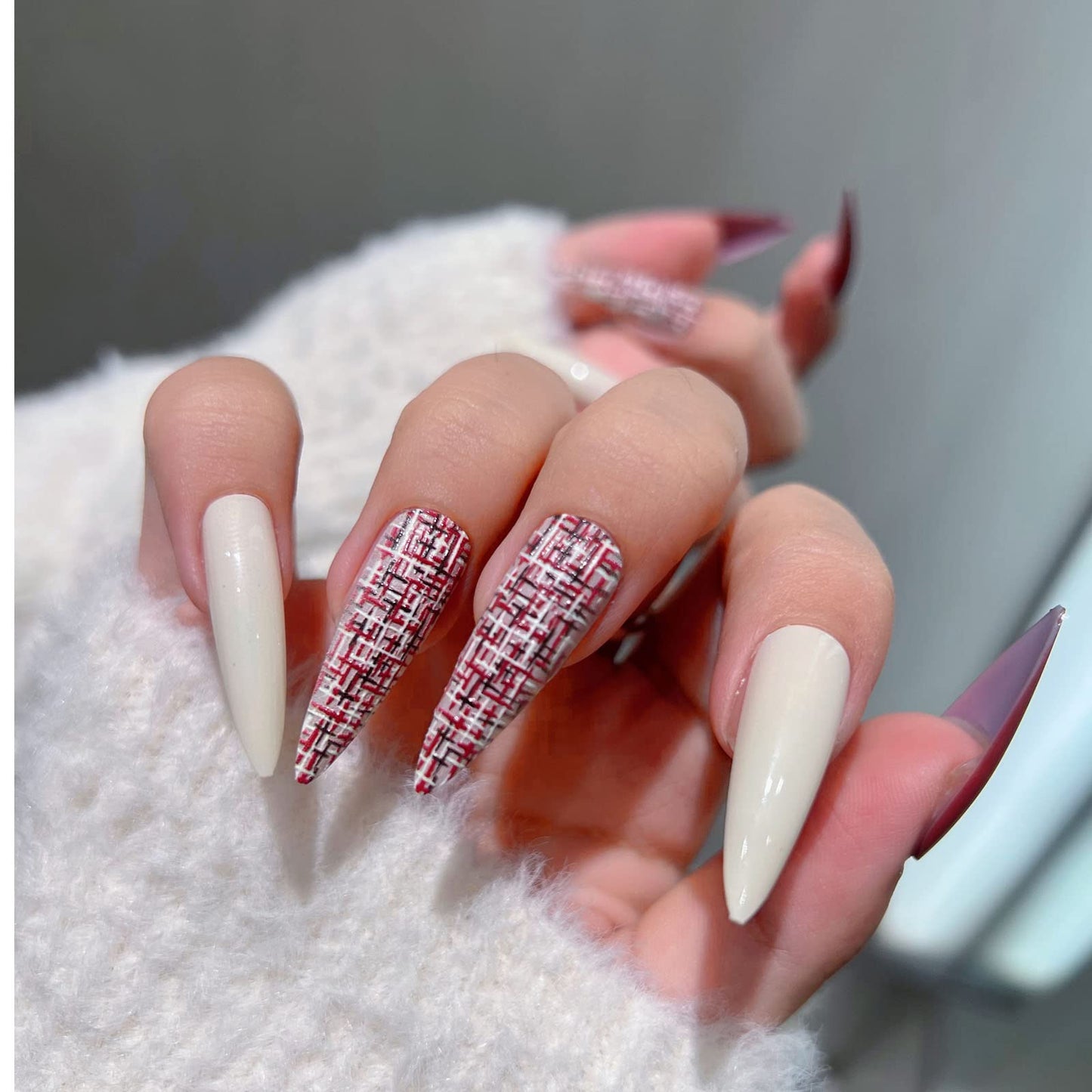 Solid Color Long Pointed Press on Nails, 30 PCS Fashion Glossy False Nails Fake Nails with 3D Embossing Plaid Designs,Full Cover Stick on Nails for Women Girls (Milk White+Red)