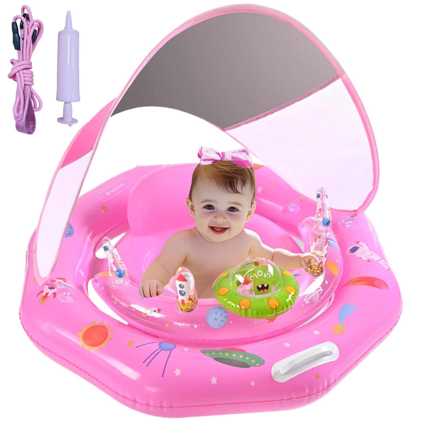 Baby Pool Float with Canopy UPF50+ Sun Protection, Inflatable Infant Pool Float with Adjustable Safety Seat & Toy Play Console，Baby Floatie for 6-36 Months Boys & Girls，Safety Handles & Leashes（Pink）