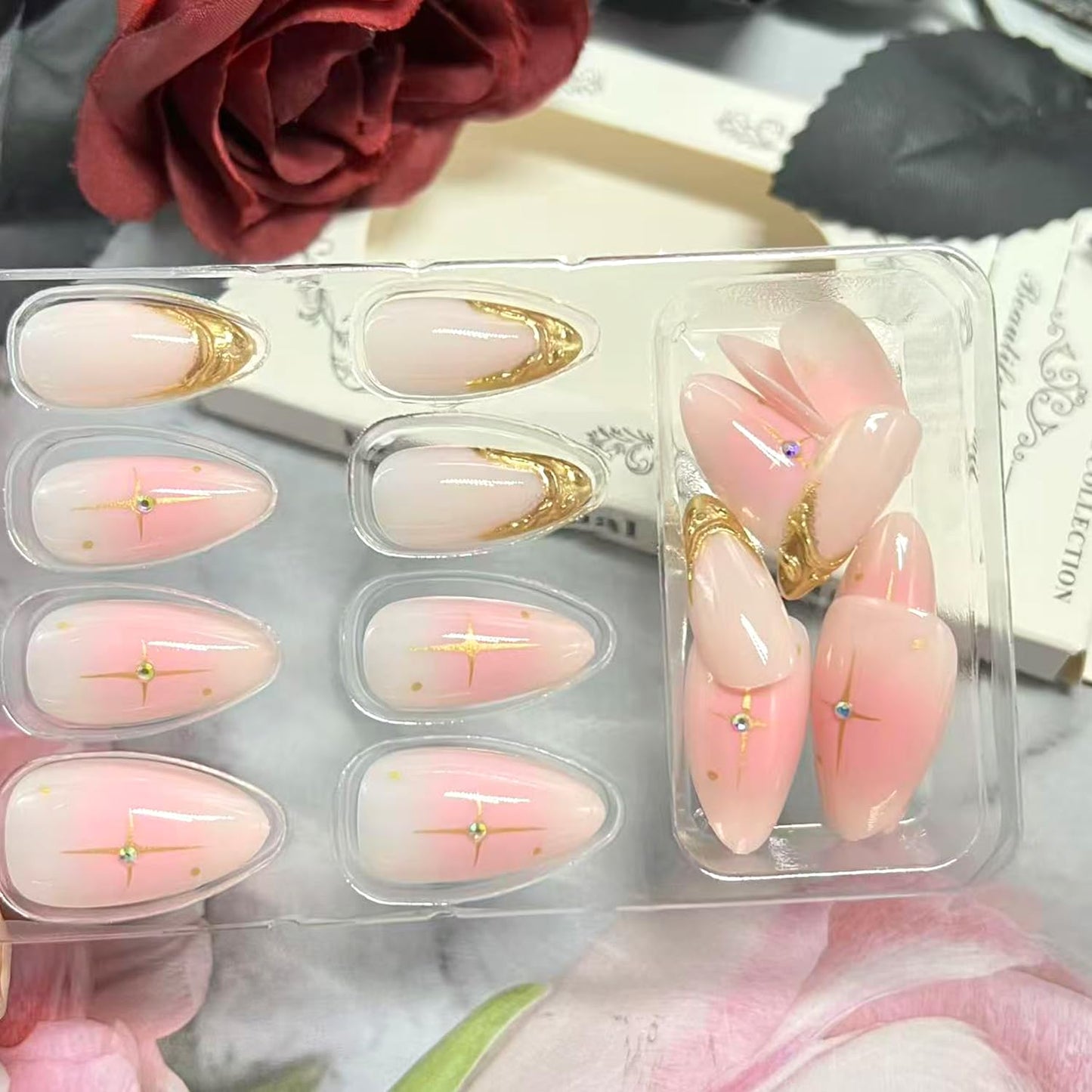 3D Gold Irregular French Tip Press on Nails Medium Almond Gradient Fake Nails Star Rhinestones Acrylic False Nail Glossy Full Cover Glue on Nail for Women