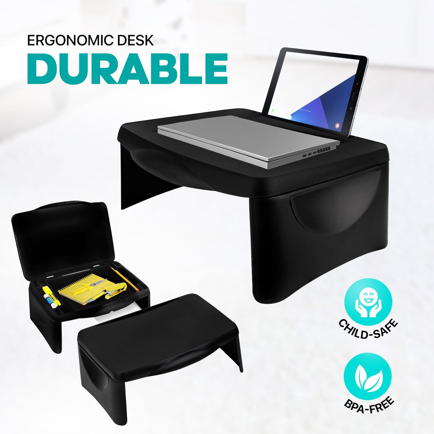 MAVOCRAFT Foldable Kids Lap Tray with Storage - Portable Lap Desk Kids & Adults - Kids Lap Desk for Breakfast in Bed, Serving Tray, Car Desk & Gaming (Black)