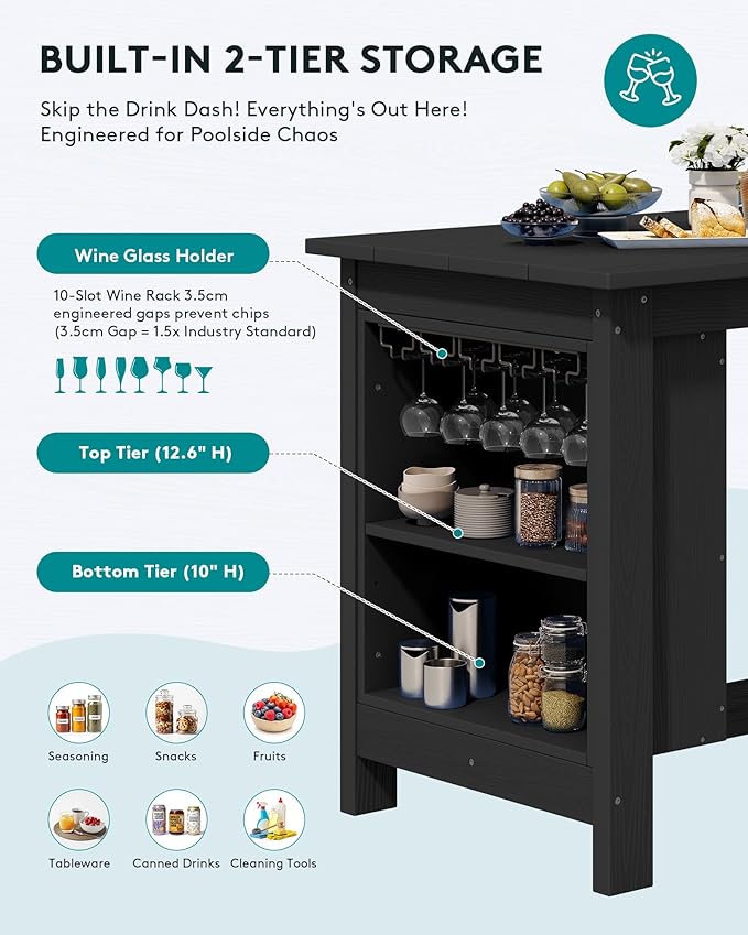 SERWALL 8-Piece Counter Height DiningTable Sets with Storage and Wine Rack, HDPE 2 Rectangular Bar Table with Bar Stools Set of 6 for Garden, Backyard, Kitchen, Black