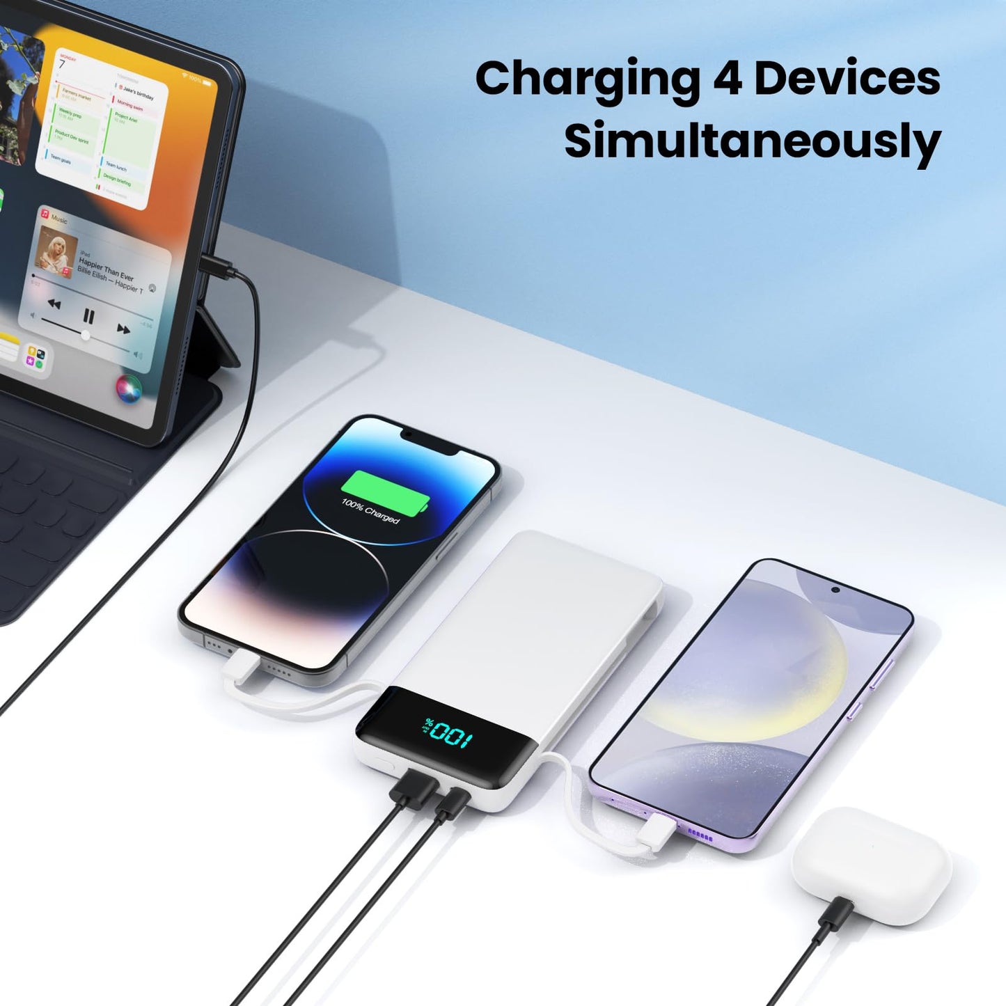 Portable Charger for iPhone with Built-in Cables and Wall Plug,Upgraded 13800mAh Fast Charging USB C Power Bank,4 Outputs Slim Travel Essential Battery Pack for iPhone 17/16/15/14/13,Galaxy,-White
