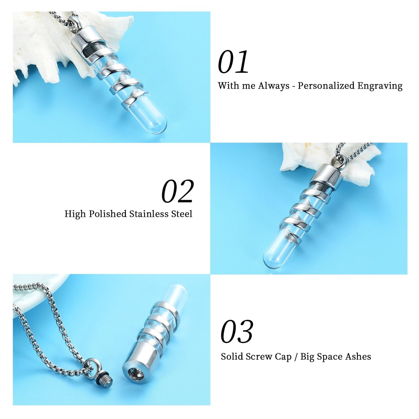 Oinsi Clear Glass Tube Cremation Urn Jewelry Ashes Holder Necklace Keepsake Memorial Pendant Including Box/Fill Kits (Silver Tone)