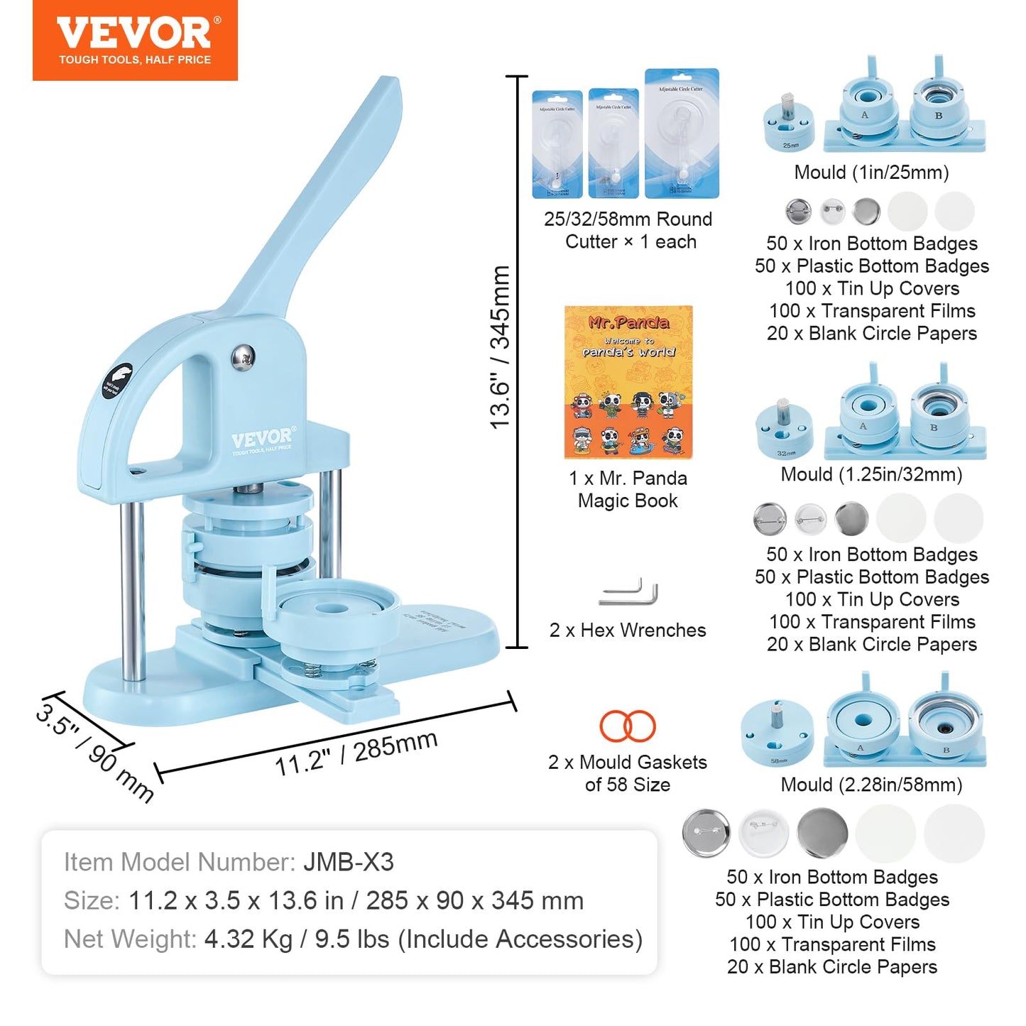 VEVOR Button Maker, 1/1.25/2.28 inch(25/32/58mm) 3-in-1 Pin Maker, 300pcs Button Parts, Ergonomic Arc Handle Punch Press Kit, Button Maker Machine with Panda Magic Book, for Children DIY Gifts, Blue