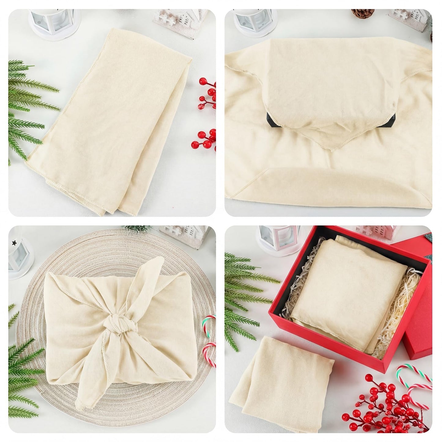 Hillsuren 6 Pack 24'' Reusable Gift Wrap Cloth Linen-cotton Gift Wrapping Fabric for Housewarming Furoshiki Gifts Wedding Birthday DIY Crafts Party (Cream White)
