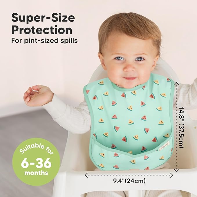 3-Pack Waterproof Baby Bibs for Eating - Lightweight Toddler Feeding Bibs with Large Food Catcher, Mess Proof, Food-Grade Baby Eating Essentials, Easy to Put On & Clean (Beach Day)