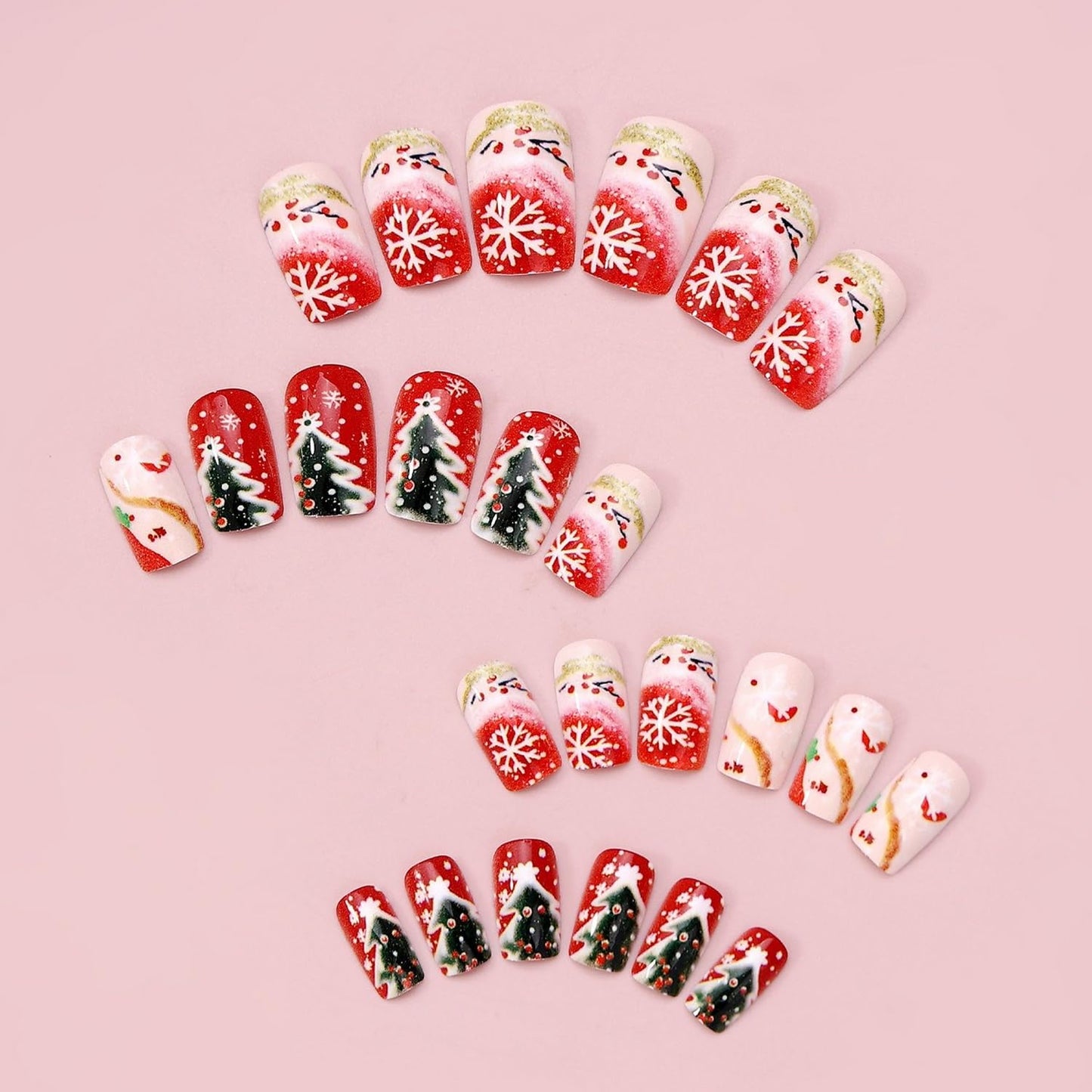 Christmas Press on Nails Medium Square Fake Nails Red with Design Xmas Tree Snowflake Gold Striped Acrylic Nails Full Cover Xmas Nail for Women Manicure 24Pcs