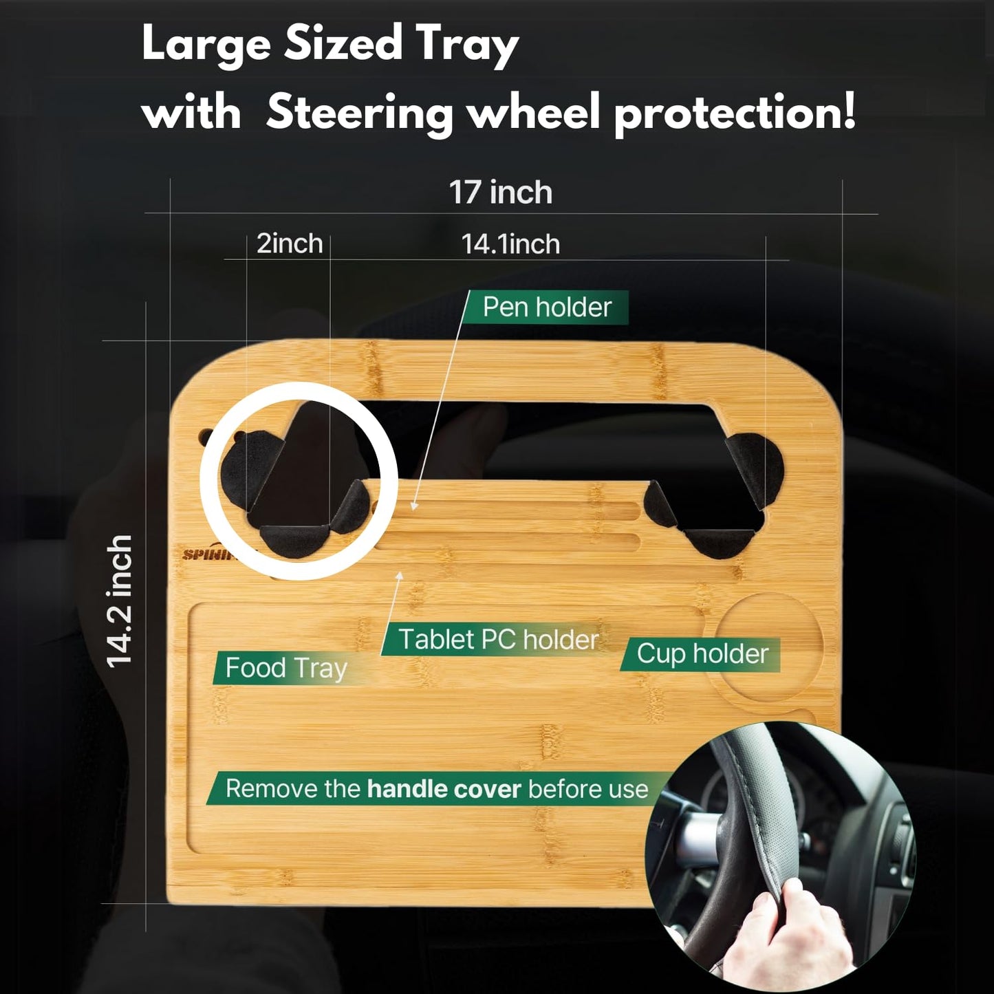 SPINIFLY 2 in 1 Steering Wheel Tray – Car Tray & Food Table – Car Essentials Double Sided Bamboo Car Desk for Laptop, Eating & Reading – Fits up to 17" Laptop