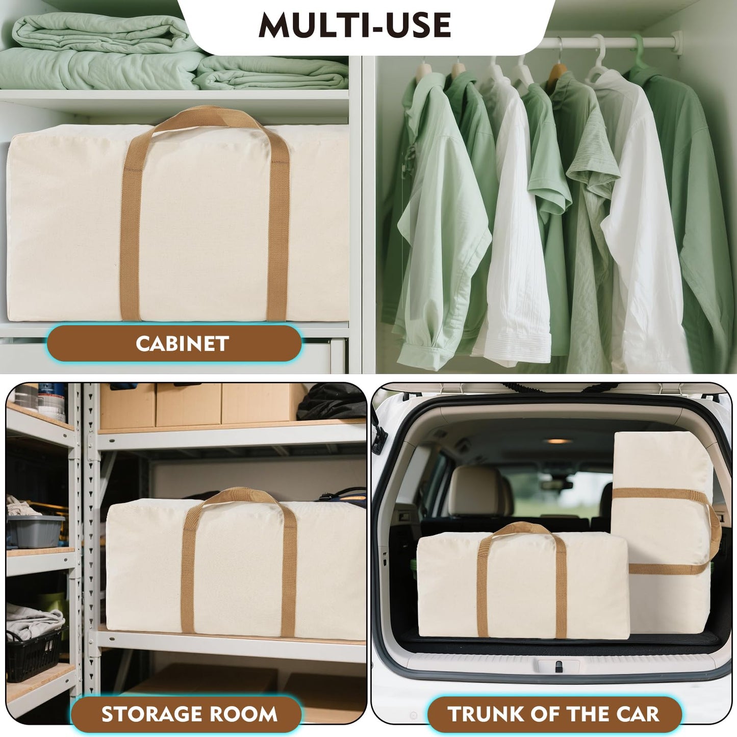 GORISEN Canvas Storage Duffle Bag, Large Capacity Moving Bag with Tan Handles, Washable and Reusable (1, BEIGE, 31''x15''x15'')