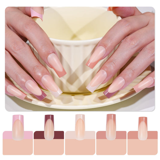Frinail 150Pcs French Gel Nail Tips Coffin, Skin Tones Long Nail Tips, Pre-French Tips Press on Nails, Artificial Acrylic Fake Nails 5 Colors for Nail Art DIY 15 Sizes