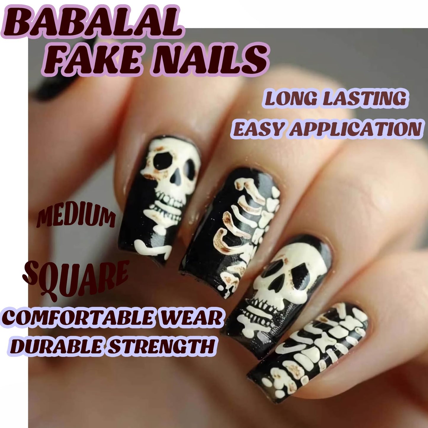 BABALAL Press on Nails Medium Square Fake Nails Black Gothic Glue on Skull Glossy Acrylic False Nails 24Pcs Squoval Manicure Full Cover Artificial Nails for Women Girls