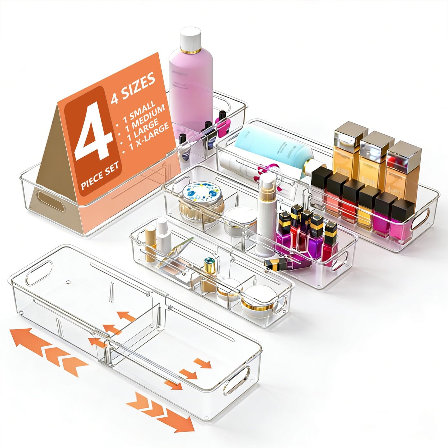 REBECAT 4 Pcs Expandable Clear Drawer Organizers, Adjustable Drawer Organizer Bins with Dividers, makeup organizer for drawer, drawer organizer bathroom for Vanity, Junk Drawer & Office