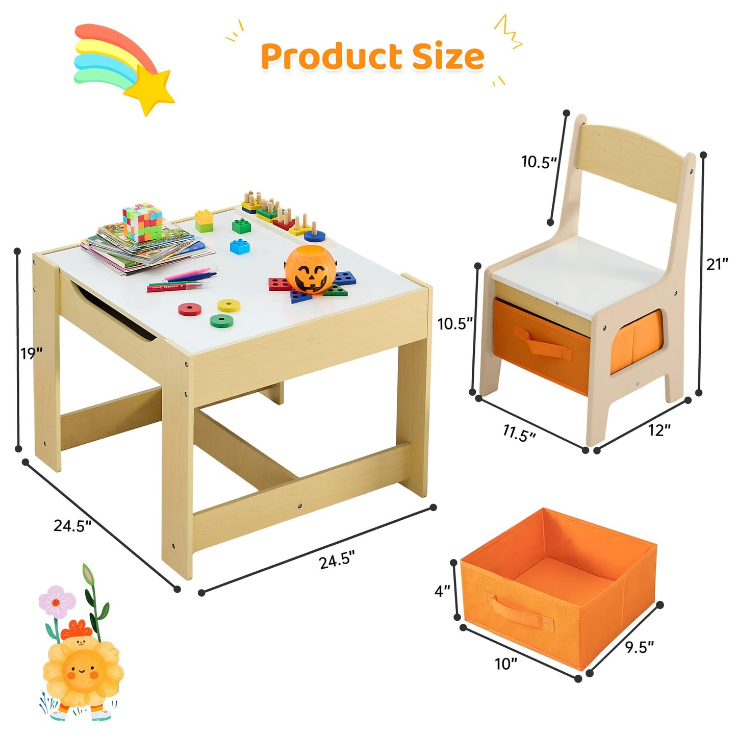 CuFun Kids Table and Chairs Set, 4 in 1 Wooden Kids Table with Reversible Tabletop, Children Activity Table with Removable Tabletop Storage, Toddler Table and Chair Set for Home, Nursery, Playroom
