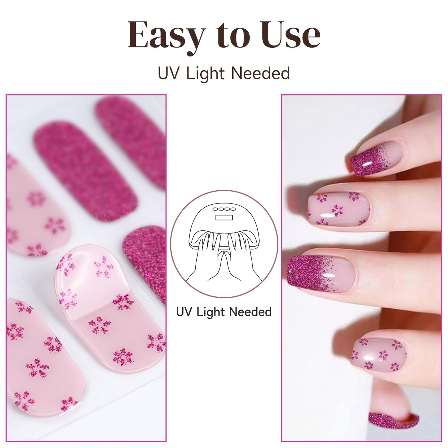 DUKASOU Semi Cured Gel Nail Strips, 56Pcs Nail Art Stickers/Wraps, Long Lasting UV Nail Polish Strips for Adults(Flower Rose Red Glitter)