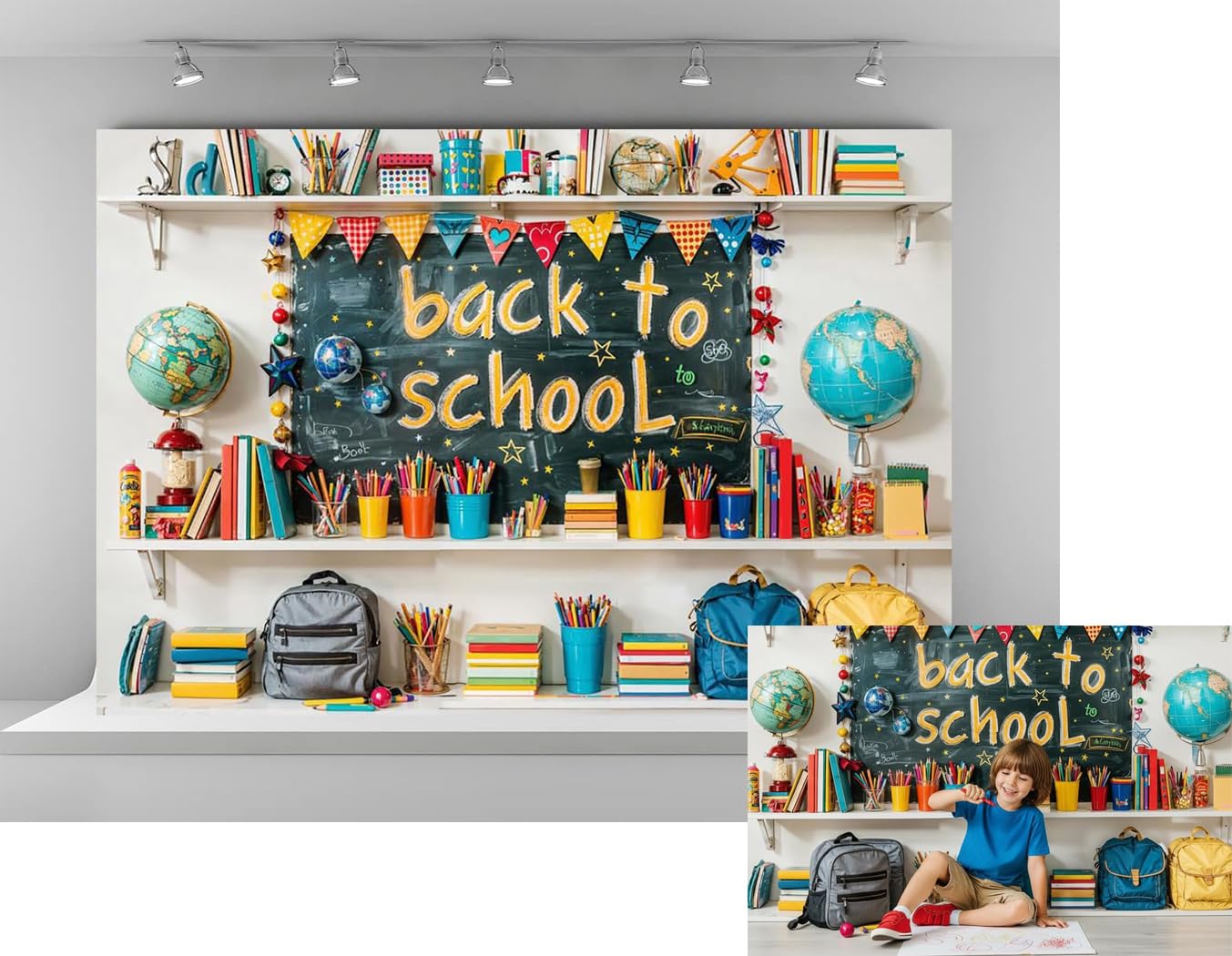 Kate 7x5ft Back to School Backdrops for Photography Schoolbag Globe Background Books Stationery Backgrounds Baby Love Study Banner Studio Backdrop