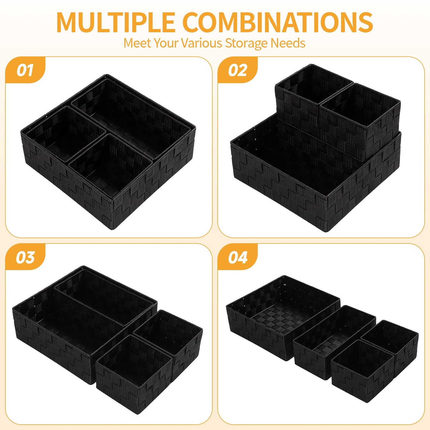 Posprica Small Black Baskets Cube Bin Container Tote,Woven Storage Baskets for Organizing Organizer Divider for Drawer, Closet, Shelf, Dresser, Set of 4