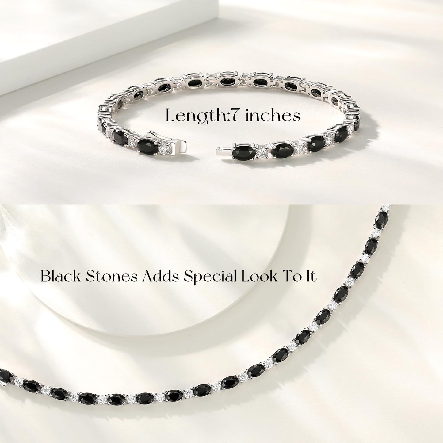 FANCIME Sterling Silver Created Black Onyx Tennis Bracelet Birthstone Bracelet Oval Black CZ Gemstone Dainty Fine Jewelry Gift for Women 7"