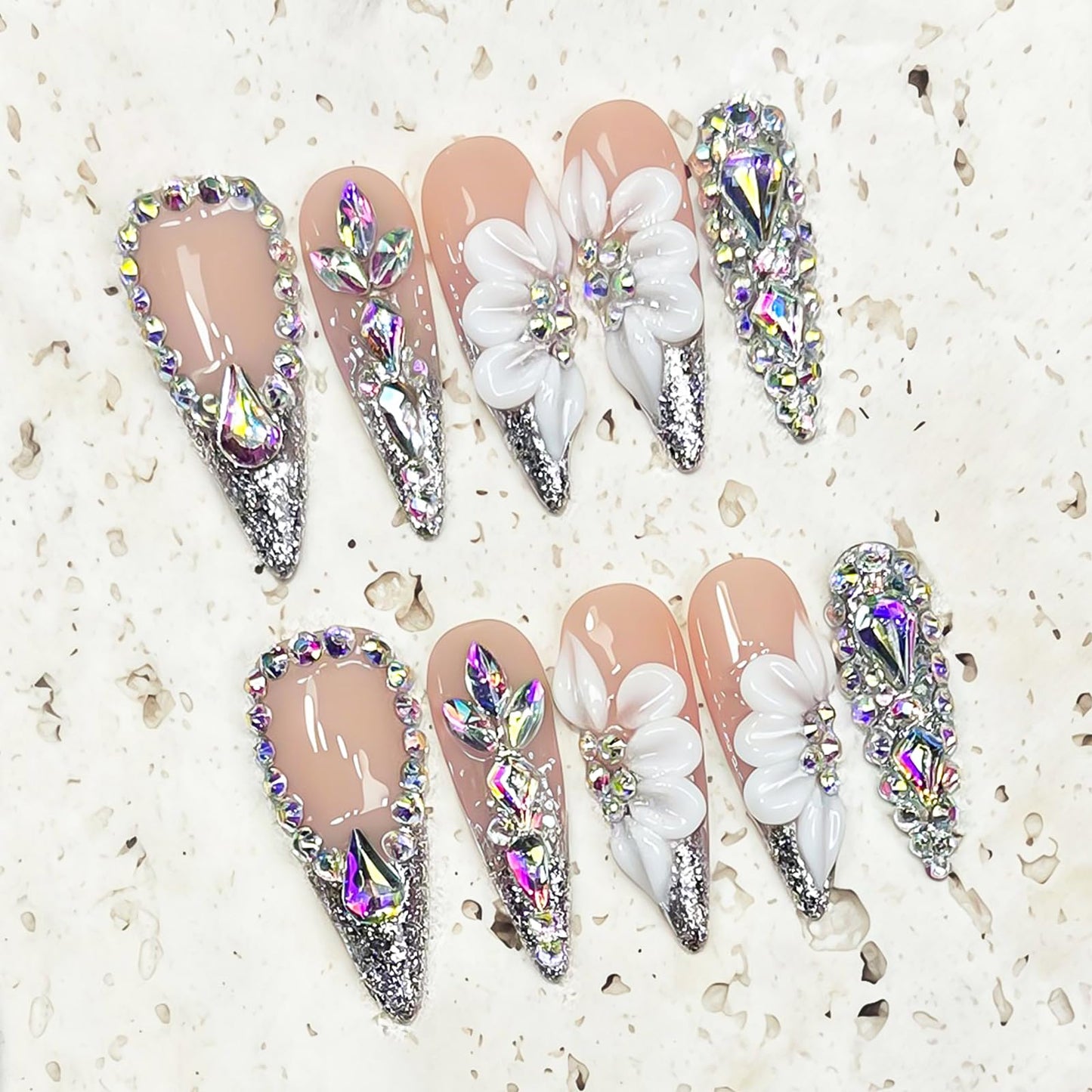 Handmade Press on Nails Long Stiletto - Glamorous Silver Glitter & Rhinestone Fake Nails, Luxury 3D White Flower False Nails, 10 Pcs for Women (Size M)