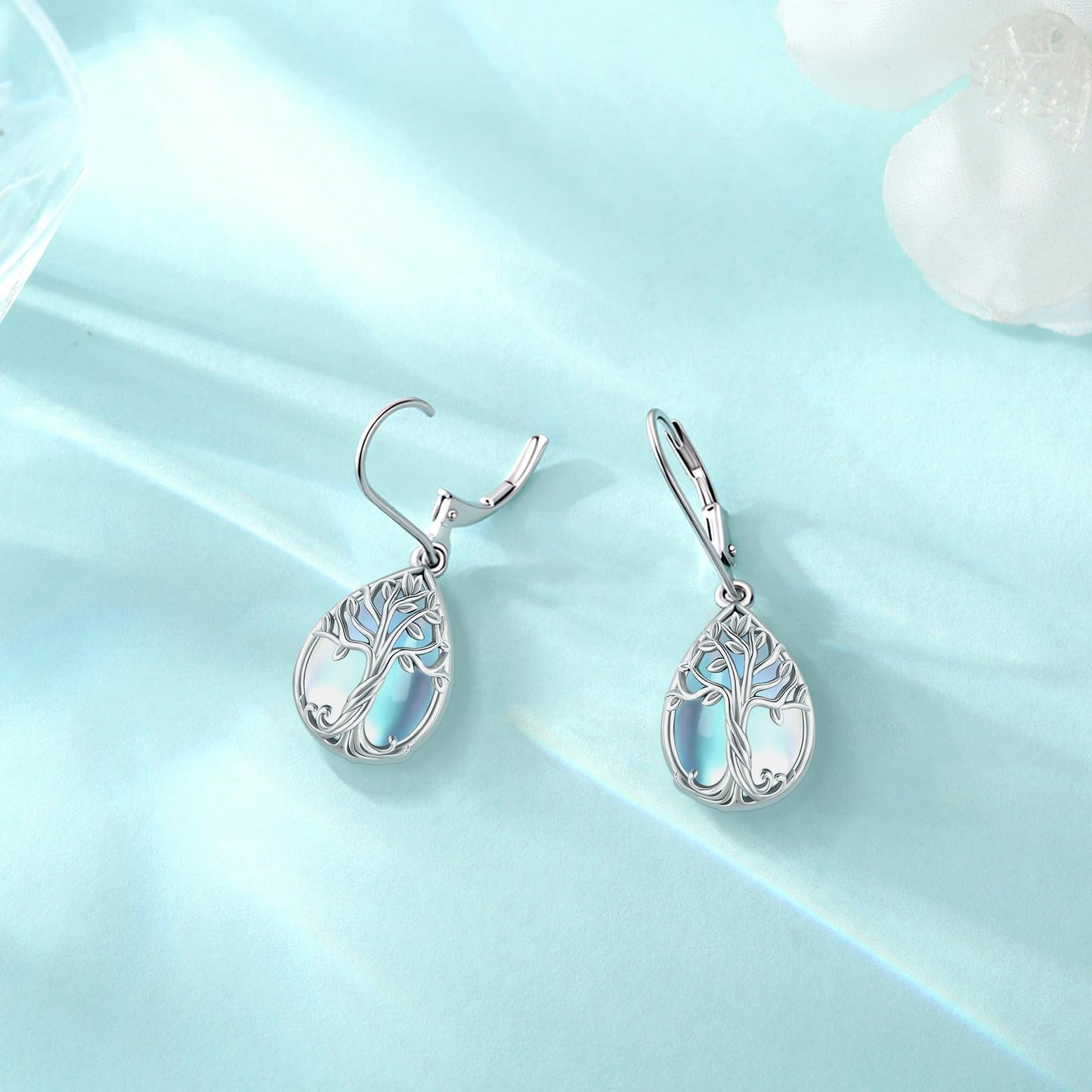 Eusense Tree of Life Earrings Sterling Silver Moonstone Earrings Teardrop Leverback Dangle Sterling Silver Jewelry for Women Elegant Nature Inspired Moonstone Jewelry