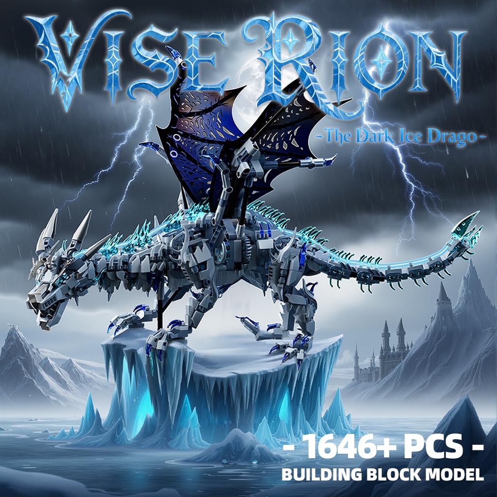 Myth Qholve Mechanical Dark Ice Dragon Building Block Set with Hand Crank Motion Movable Head, Wings & Limbs Fantasy Dragon Model Kit for Teens & Adults