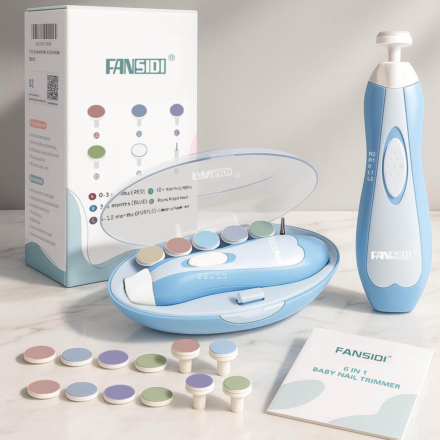Fansidi Baby Nail Trimmer Electric, Easy & Safe Nail File for Newborn to Toddler, Whisper-Quiet Nighttime Use, Precise 4-Stage Grinding Heads, LED Light, 18-Pcs Kit, Dreamy Sky Blue, Baby Shower Gift