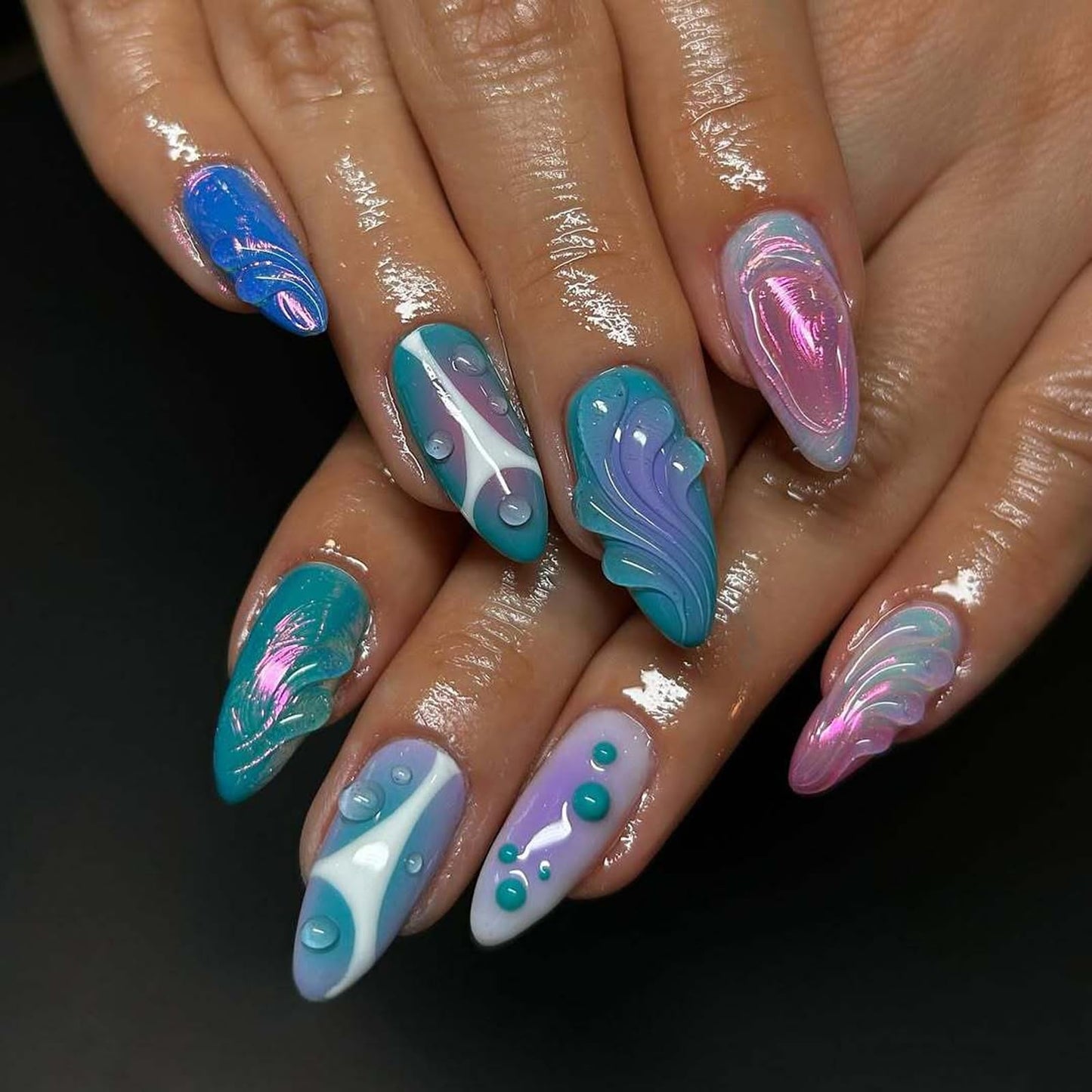 IMSOHOT Almond Press on Nails Medium Fake Nails Blue White Ombre False Nails with 3D Designs Glossy Glue on Nails Full Cover Cute Gel Handmade Summer Nail Supplies 24Pcs