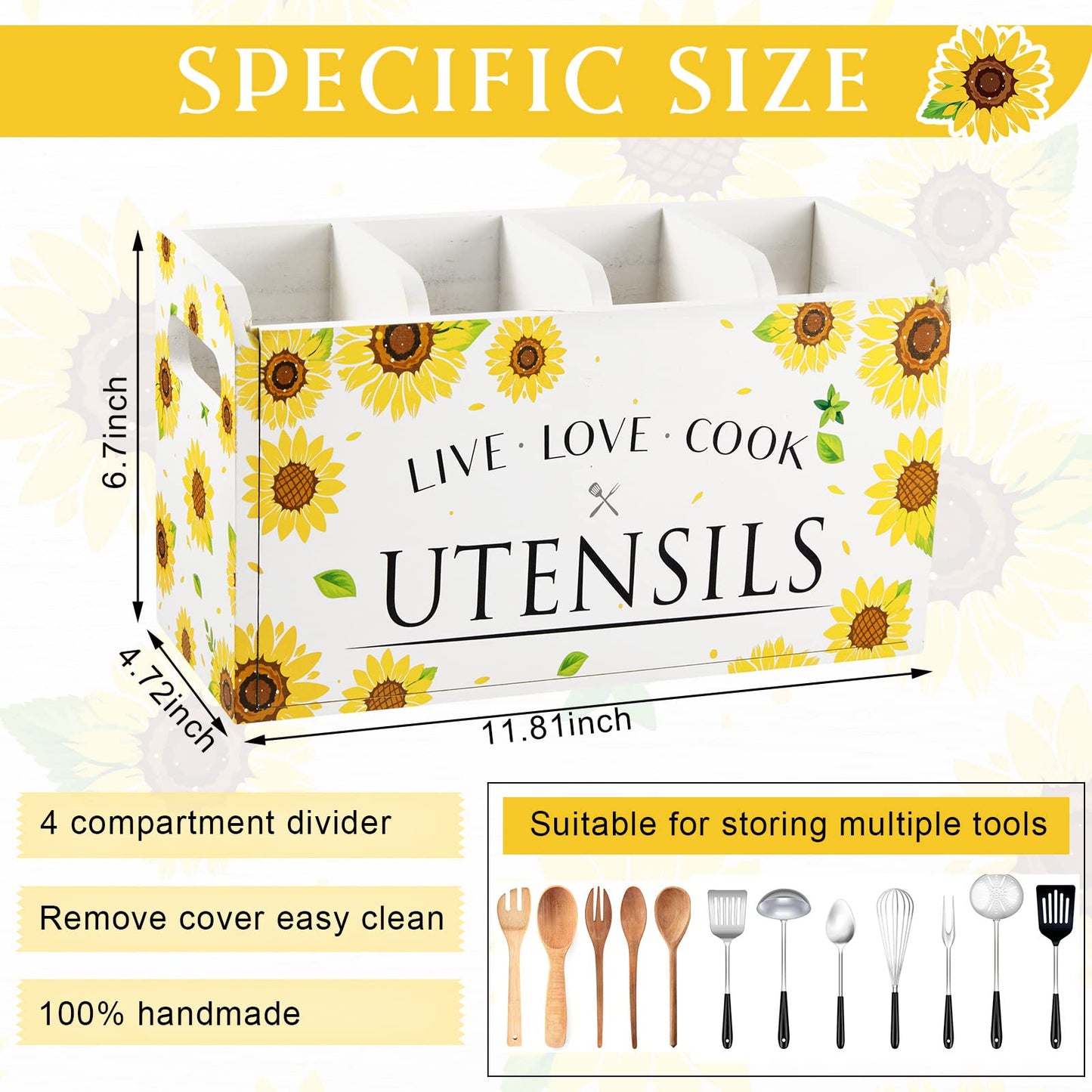 Kathfly Sunflower Kitchen Utensil Holder Christmas Gift for Countertop 4 Compartment Large Wooden Rustic Farmhouse Sunflower Cooking Utensil Organizer Kitchen Tools Storage for Home Counter
