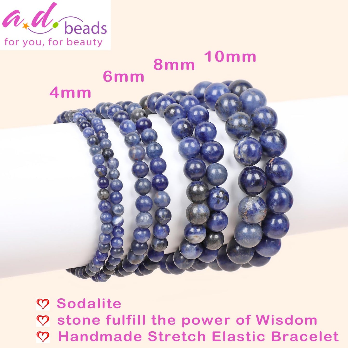 AD Beads Handmade Gemstone Stretch Elastic Bracelet Crystal Healing Reiki Nature's Beauty and Spiritual Essence Unisex (8mm, Blue Sodalite)
