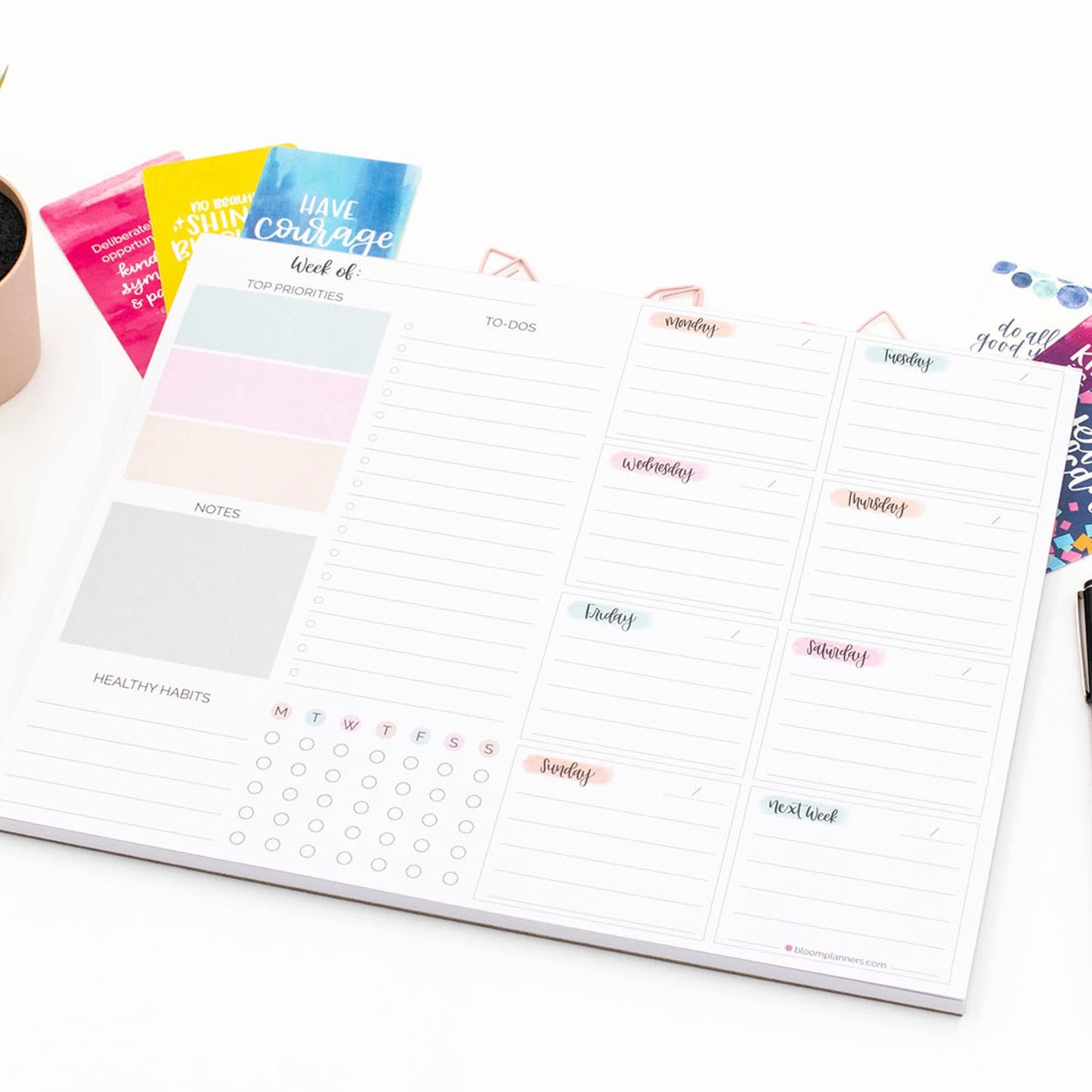 bloom daily planners Horizontal Weekly To Do List Notepad with 60 Undated Sheets - Weekly Desk Planner or Chore Pad with Priorities & Habit Tracker - 8.5” x 11” - Pastel