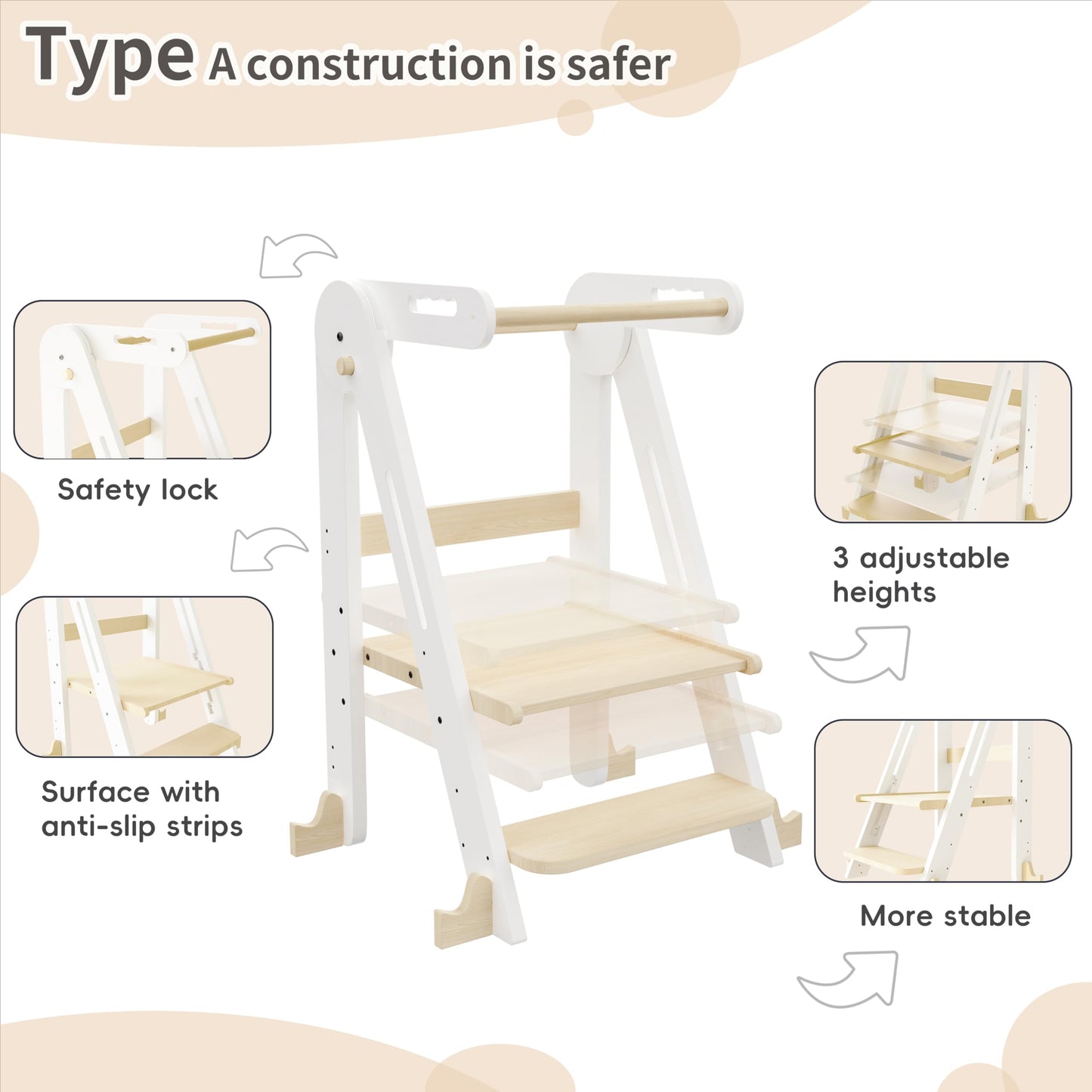 Kids Kitchen Step Stool, Foldable Toddler Tower, Height Adjustable Toddler Standing Tower with Safty Rail and Anti-Slip Device, Wooden Stool for 1.5-6 Years (Wood Color-White)