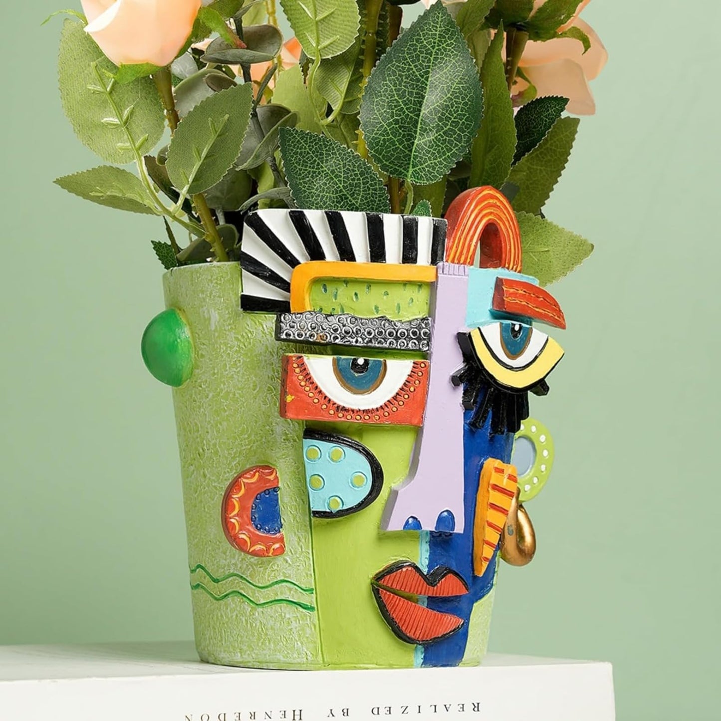 BJVF Mint Green Abstract Face Planter Pot/Picasso Flower Pot, Unique Head Planters for Indoor Plants, Abstract Face Decor, Picasso Pots for Home Decor (Large)