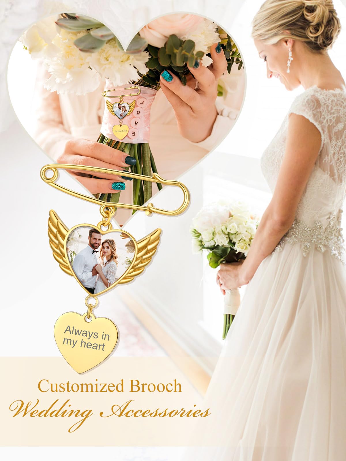 Custom4U Brooch with Angel Wing Heart Shaped Pin for Wedding Graduation Engagement