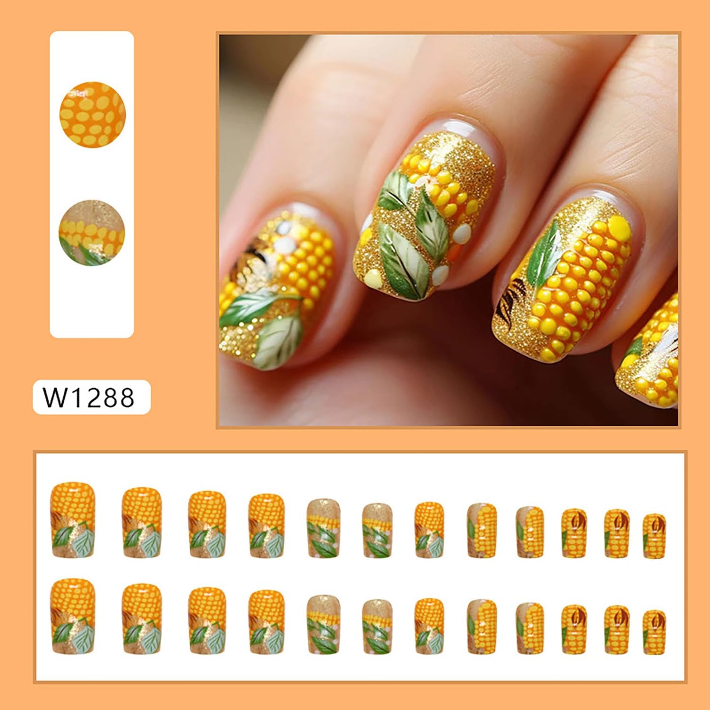 Press on Nails Medium Square Shapes 24Pcs Glossy Full Cover Artificial Glitter Fake Nails with Corn Designs Reusable Coffin Acrylic Fall False Nails Glue on Fingernails with Charm for Women