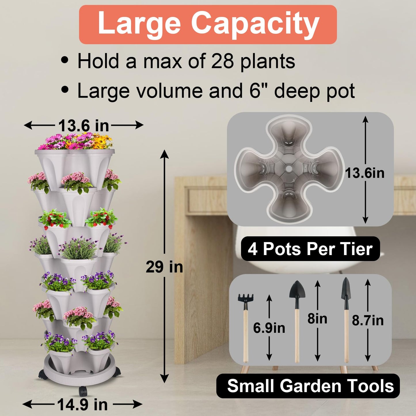 GameXcel Vertical Planter Tower- 7 Tier Stackable Garden Planter with Wheels and Tool Set – Grow Strawberries Herbs Flowers and Vegetables - Indoor Outdoor Use Gray