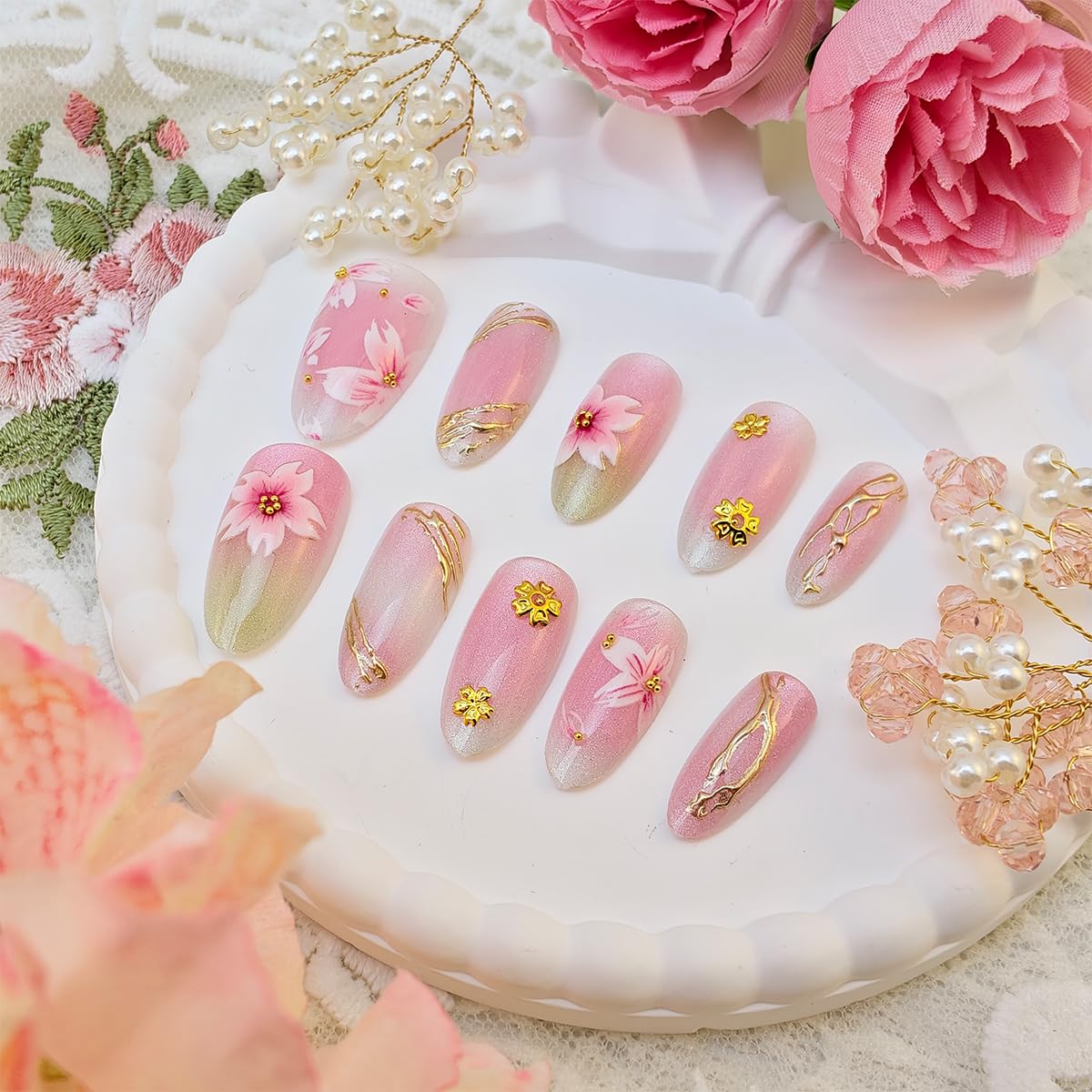 30Pcs Pink Flower Press on Nails Almond Medium Cherry Blossoms Fake Nails with 3D Flowers Gold Beads Design Cute Glue on Nails Spring Acrylic Nails Full Cover Peach Blossoms False Nails for Women