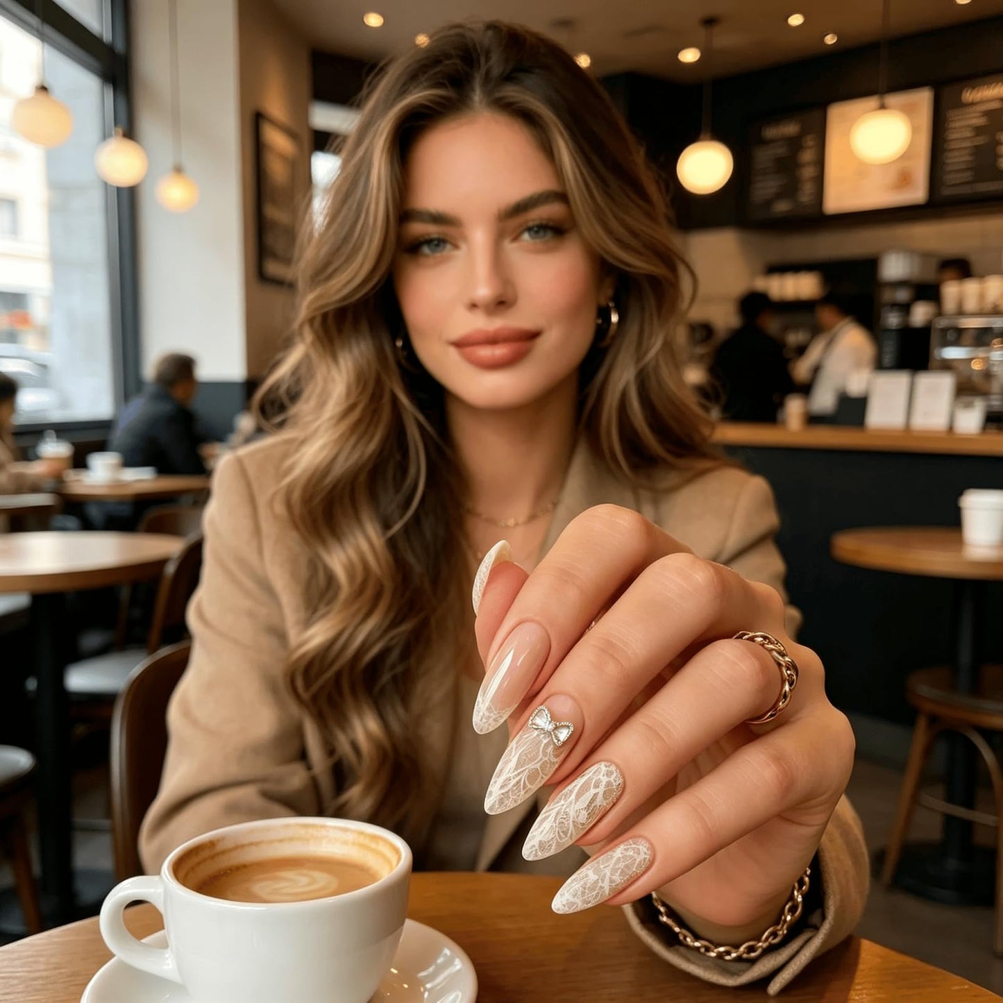 Lace Bow Press On Nails Almond Medium Fake Nails with Rhinestone Bow Design Glossy White Glue on Nails Spring Summer Reusable Artificial Nail Full Cover Stick on Nails for Women 24Pcs