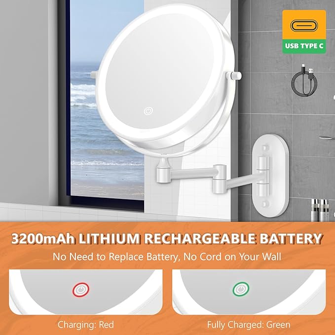 1X/30X Wall Mounted Makeup Mirror with Light, 8" Rechargeable Double-Sided Magnifying Mirror, Vanity Mirror Dimmable 3 Color Light, 360° Extension Rotation Foldable 14.5 Inch Arm, White