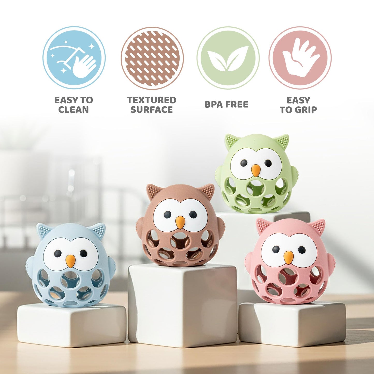 Baby’s Way Teething Toy – Owl Silicone Teether Toy & Rattle Ball for Babies 3–6 Months Toys for 6–12 Months – Baby Teething Relief, Silicone Teethers for Babies