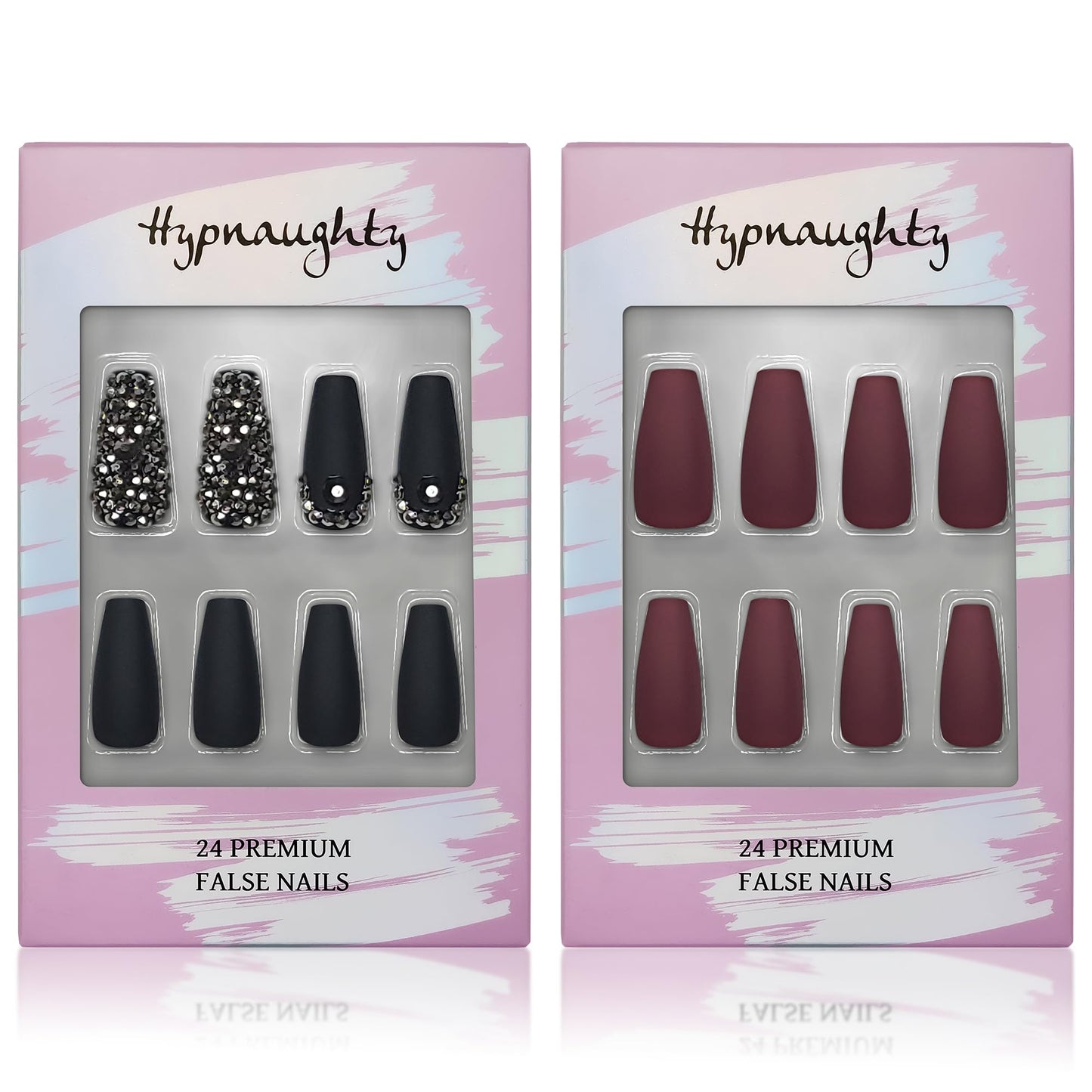 Hypnaughty Press On Nails - Rhinestone Noir & Maroon Xtreme, Trendy & Salon Quality Reusable Nails With Kit
